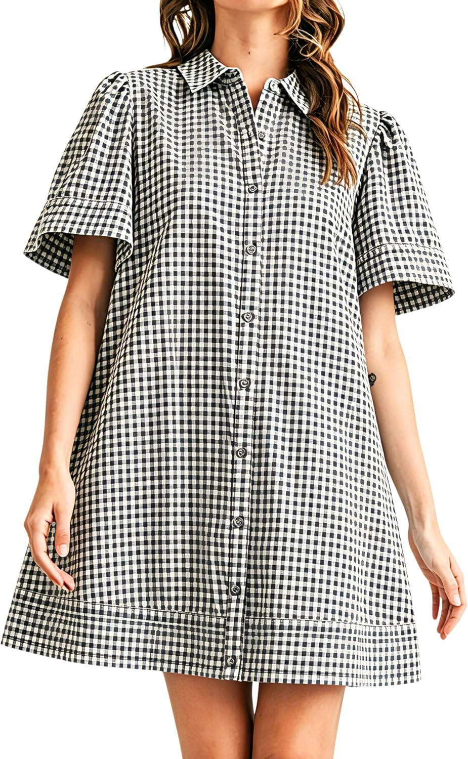 Meyhad Womens Short Sleeve Button Down Mini Shirt Dress Lapel Collar Short Dresses with Pocket