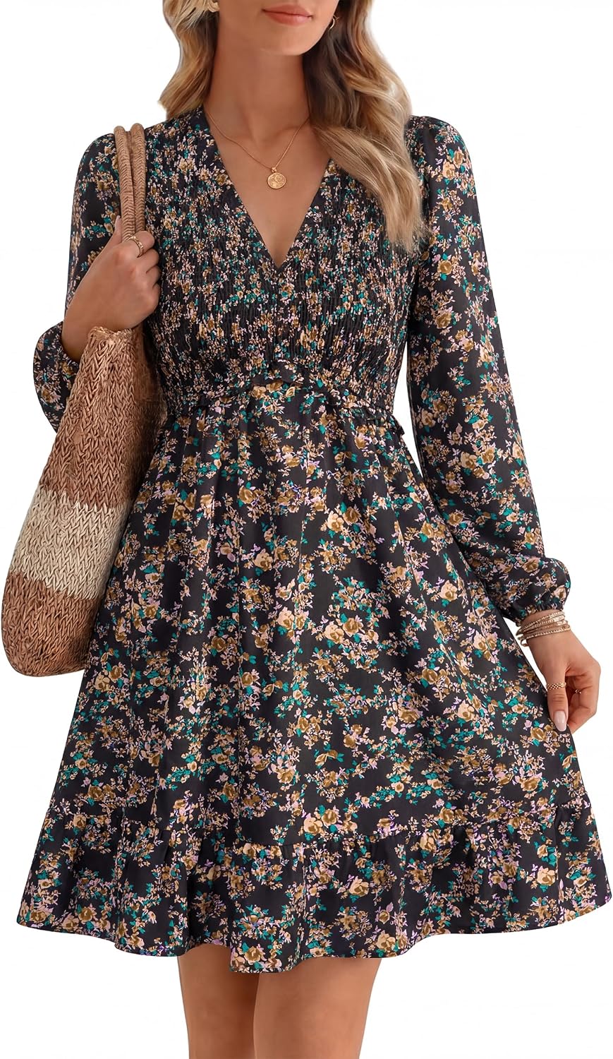 Simplee Womens 2026 Fall Wedding Guest Dress Floral Long Sleeve Smocked Flowy Casual Short Dresses with Pockets