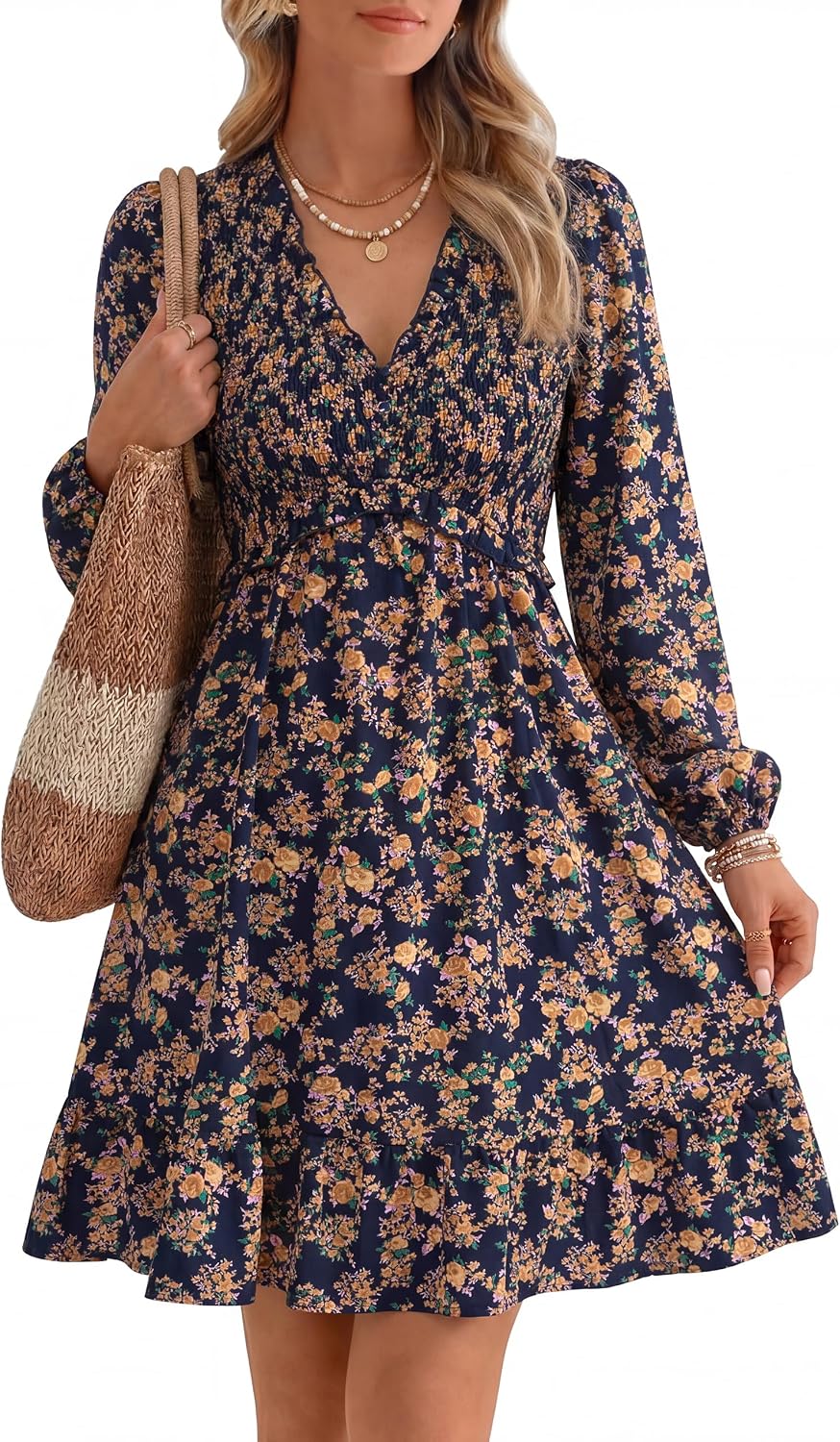 Floral Long-Sleeve Mini Dress in Floral Navy
