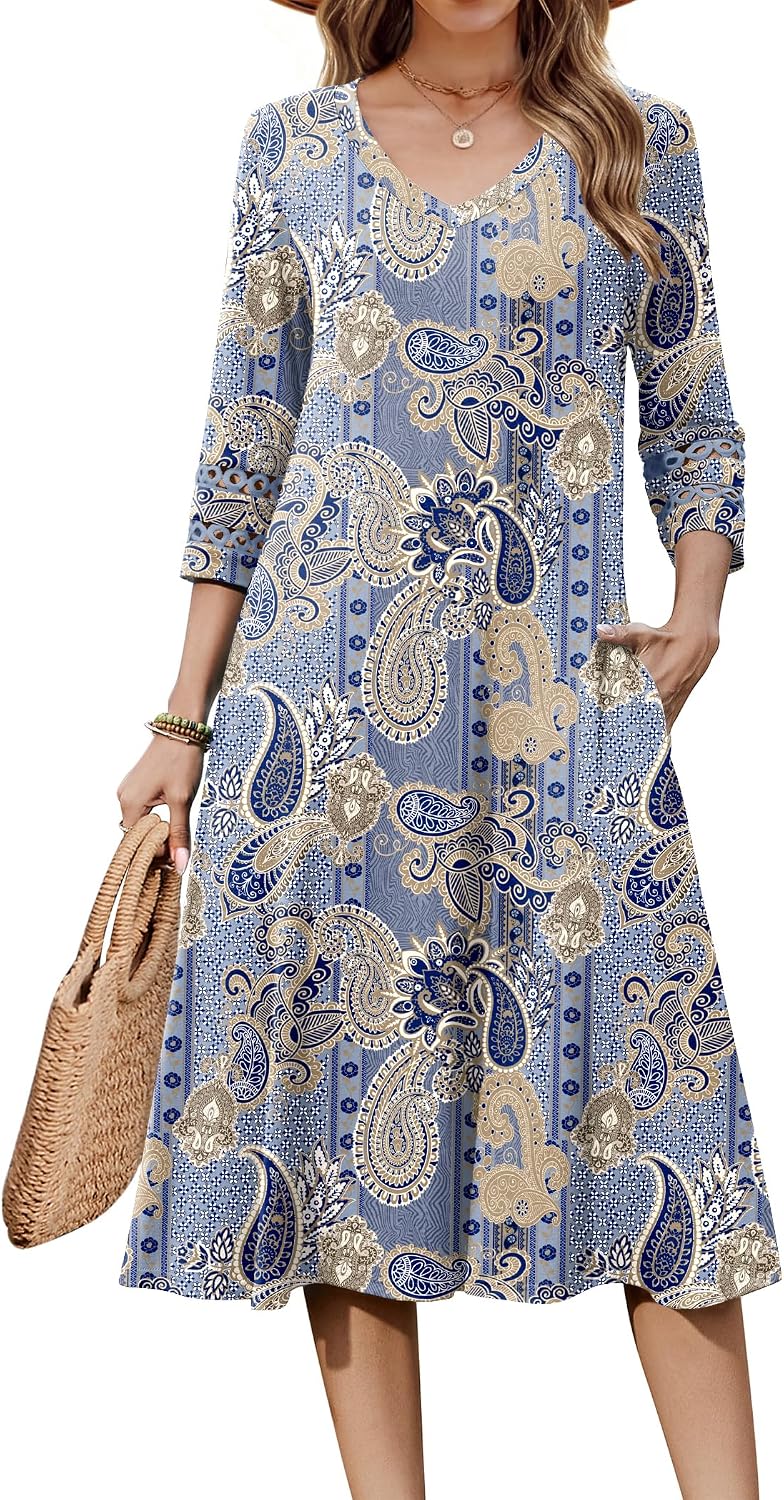 Eyelet V-Neck 3/4-Sleeve A-Line Midi Dress in Paisley