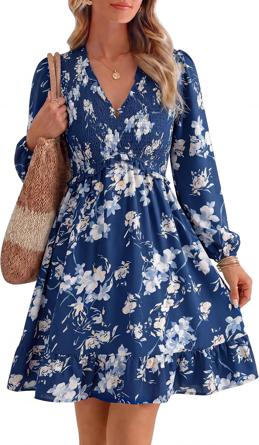 Floral Long-Sleeve Mini Dress in Floral Blue 2