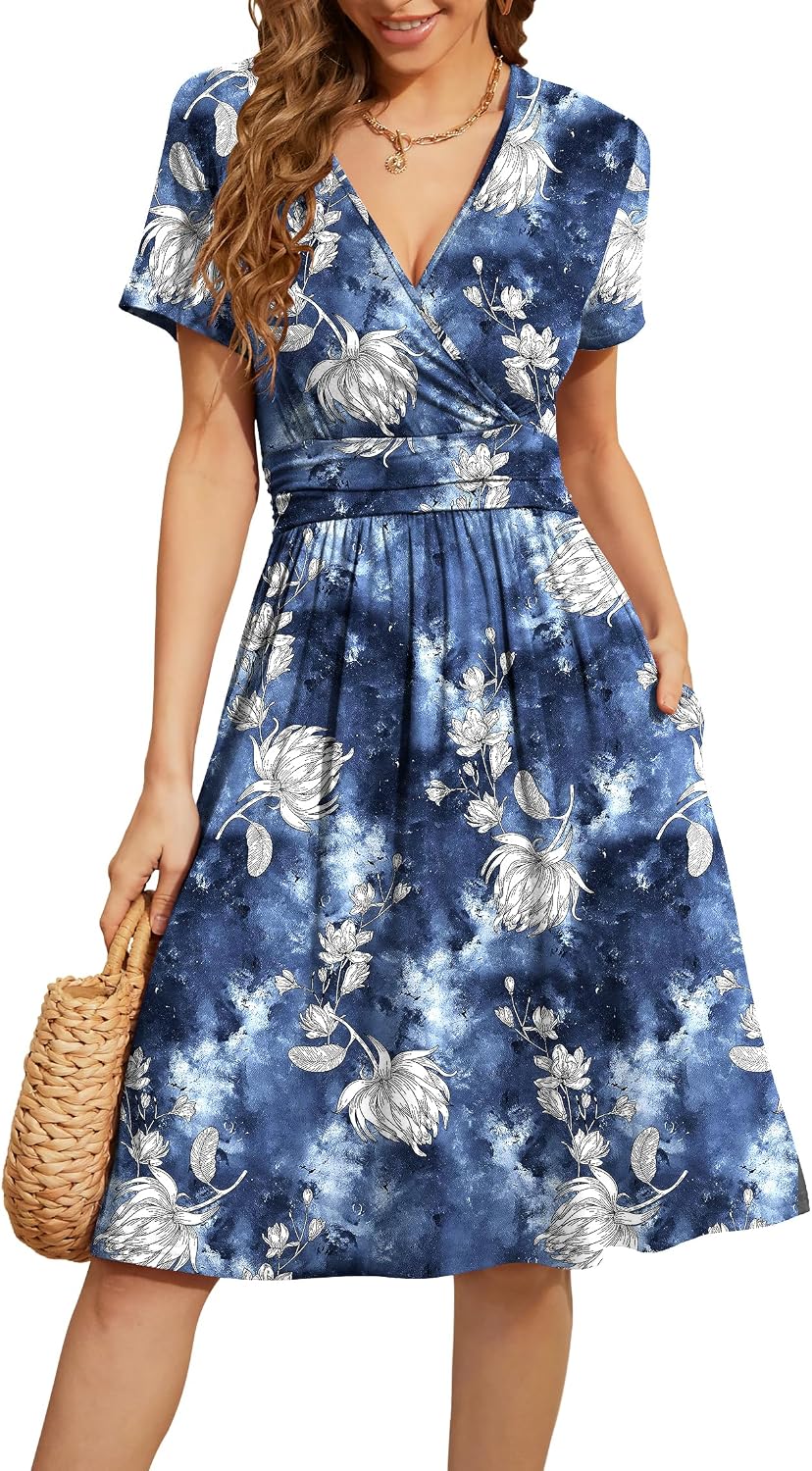 WEACZZY Women's Summer Short Sleeve Casual Dresses V-Neck Floral Party Dress with Pockets