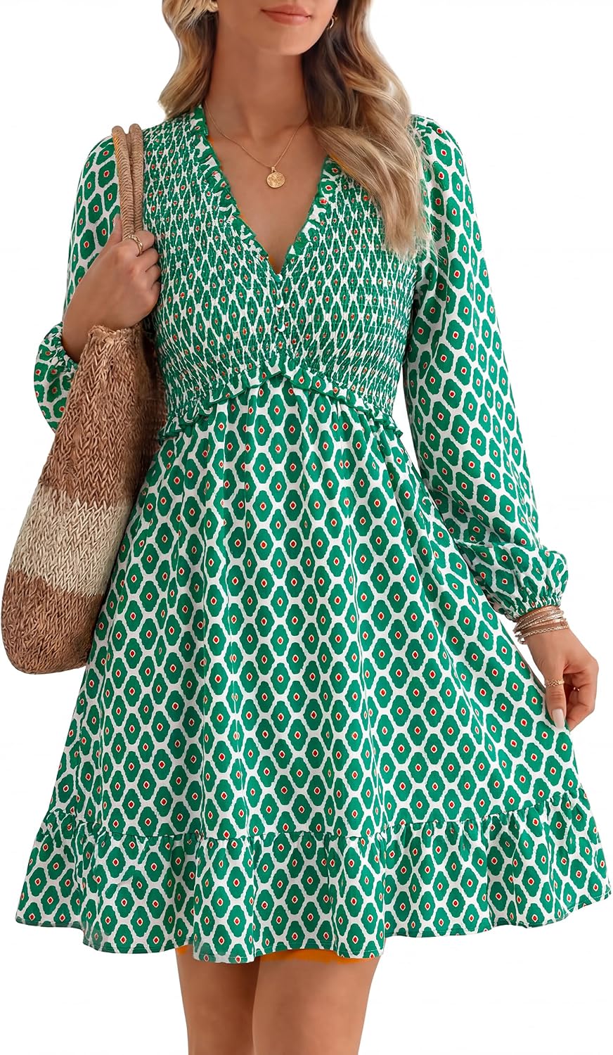 Floral Long-Sleeve Mini Dress in Green