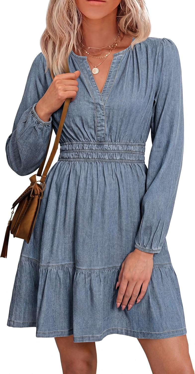 Simplee Womens Denim Dress Long Sleeve Western Cowgirl Jean Fall Mini Dress | Casual Denim Dresses, Country Concert Outfits for Women, V Neck Empire Waist, Ruffle A Line, with Pockets